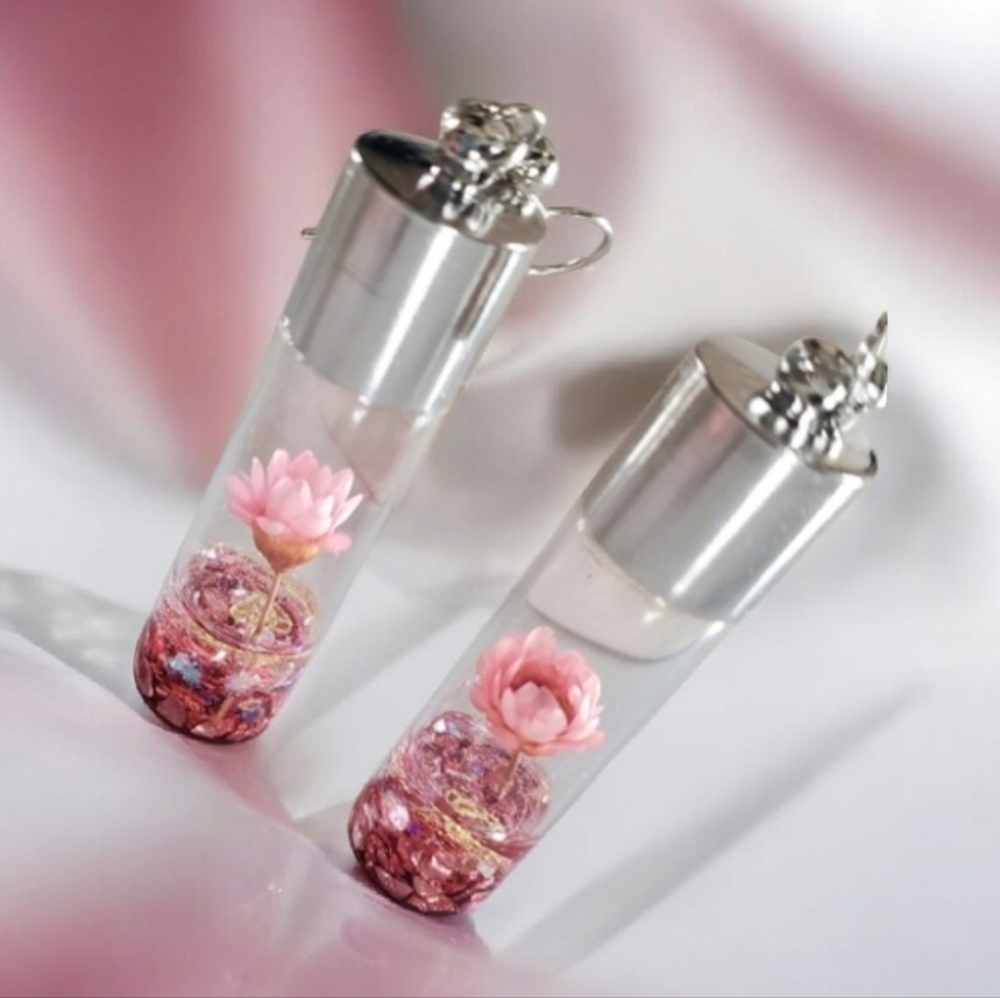 Pink Wish Flowers Glass Bottle Dangle Earrings